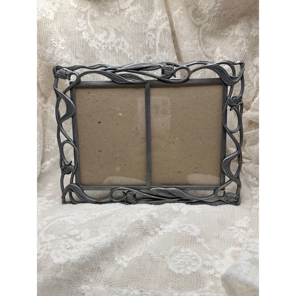 Vintage Art Nouveau Pewter Tone Double Tulip Floral Picture Frame 3.25x4.75